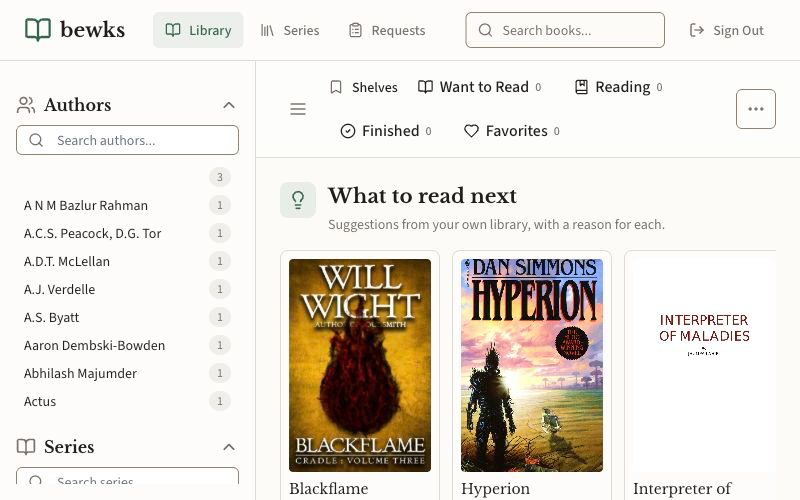 Bewks library showing personalized reading recommendations and book covers.