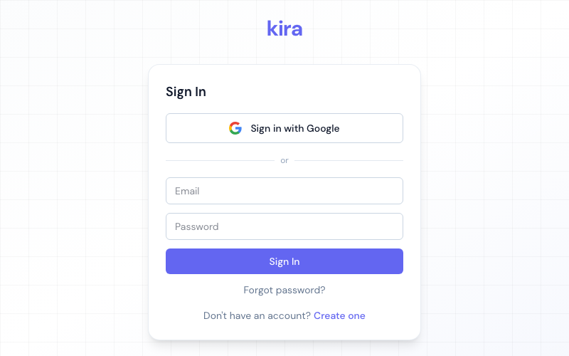 Kira sign-in screen for the deployed project management app.
