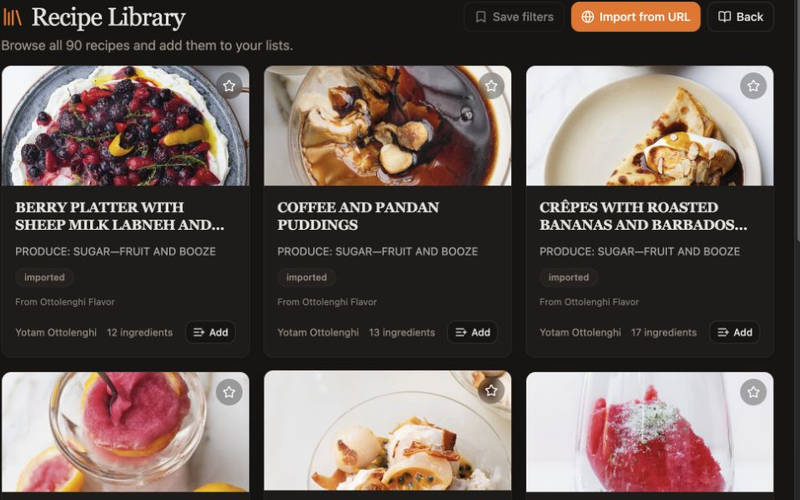 Savoro recipe library showing photographed imported recipes and list-management controls.