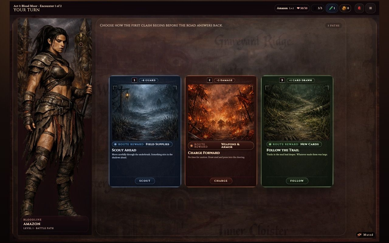 Encounter route choice during a run, with three route cards offering different rewards.