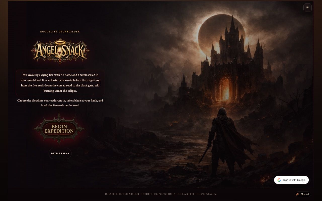 Live browser game title screen with Begin Expedition and Battle Arena options.