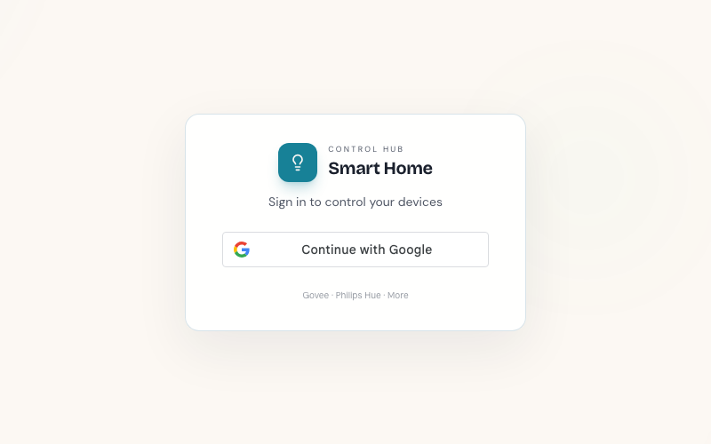 Smart Home Control sign-in screen for the deployed private control hub.