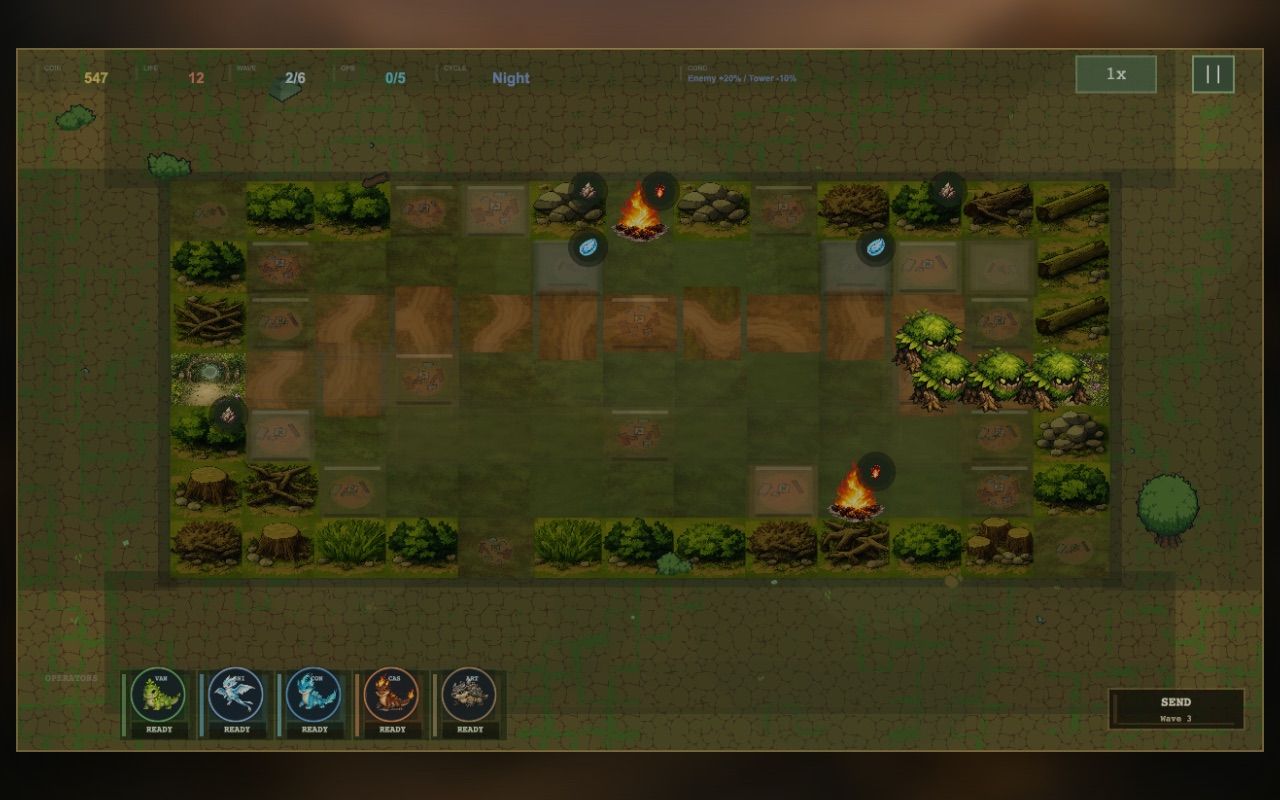 Mid-mission gameplay on a night-cycle map with campfires and the operator bar ready to deploy.