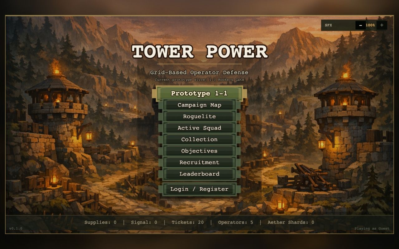Tower Power title screen with campaign, roguelite, squad, and leaderboard menu options.