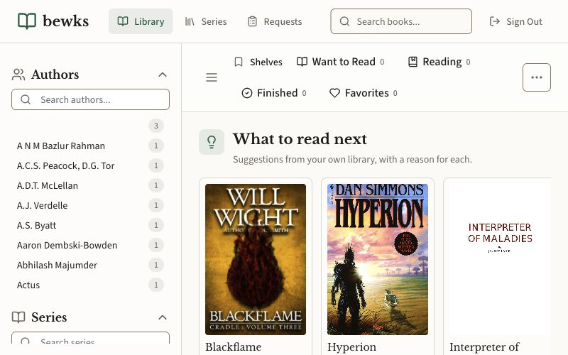 Bewks library showing personalized reading recommendations and book covers.
