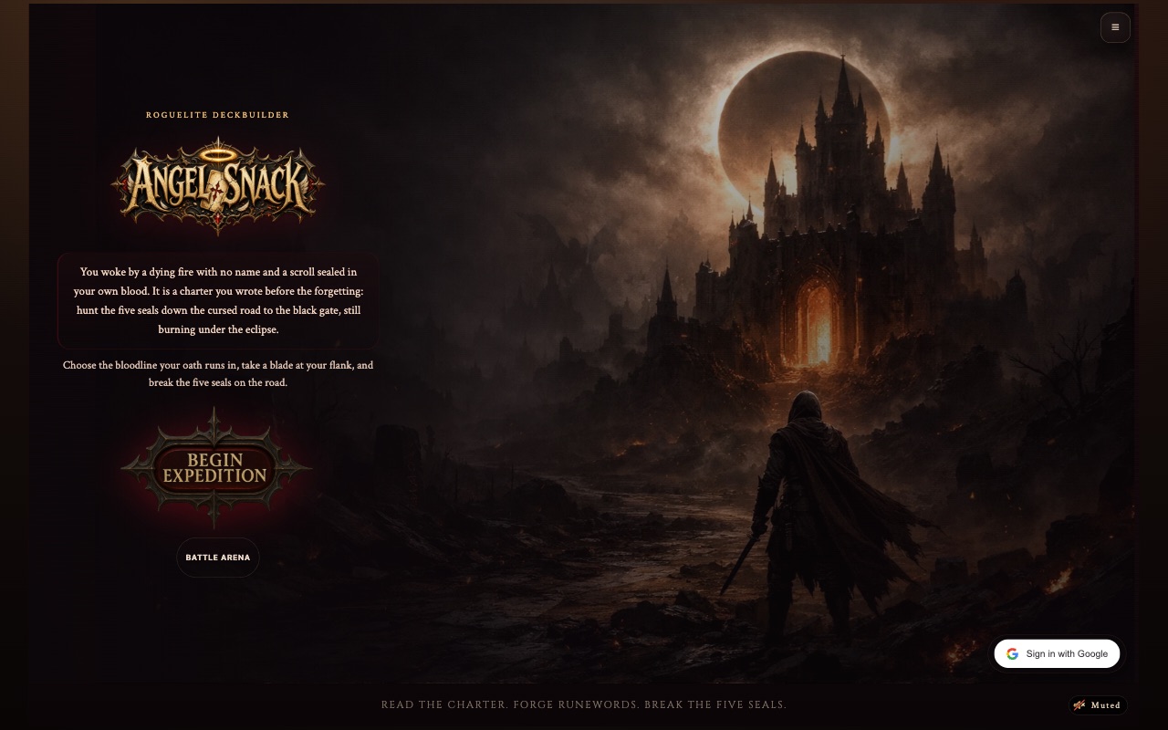Live browser game title screen with Begin Expedition and Battle Arena options.
