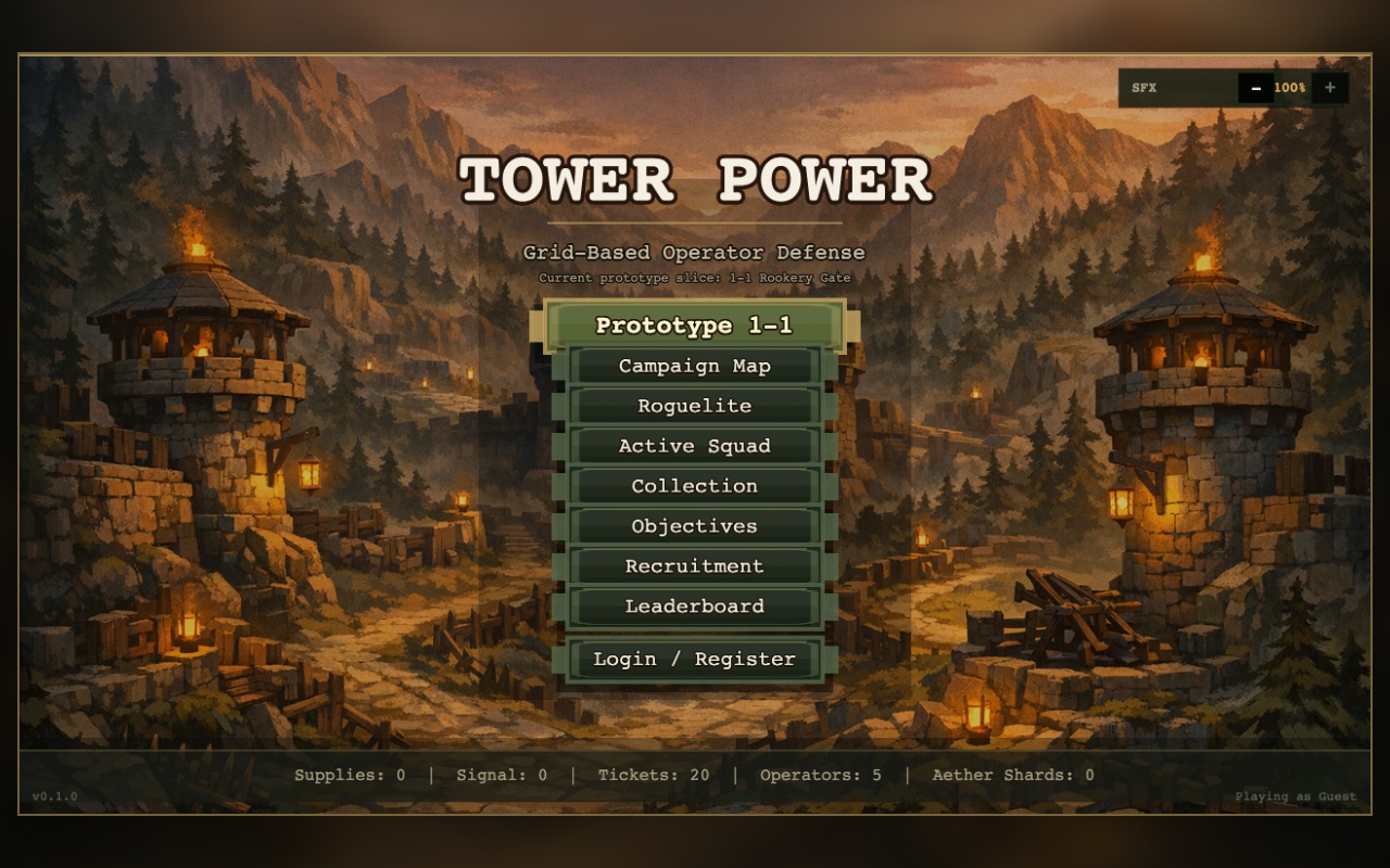 Tower Power title screen with campaign, roguelite, squad, and leaderboard menu options.