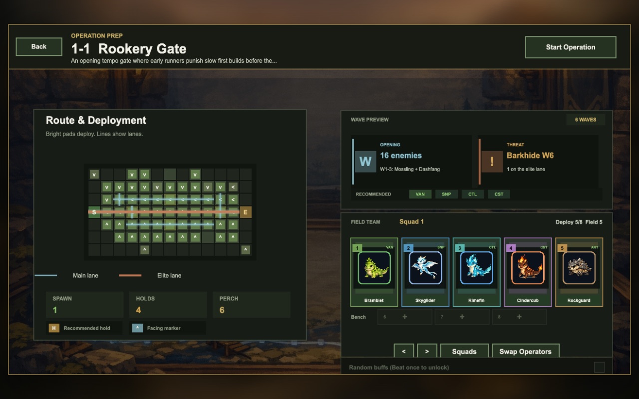 Operation prep screen showing the stage grid, lane routes, wave preview, and operator squad.